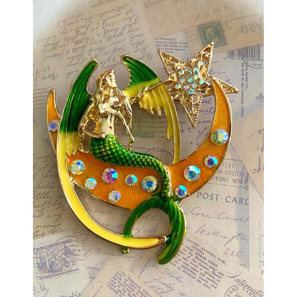 Magical Enamel Mermaid on Crescent Moon Brooch | Rhinestone Star Pin